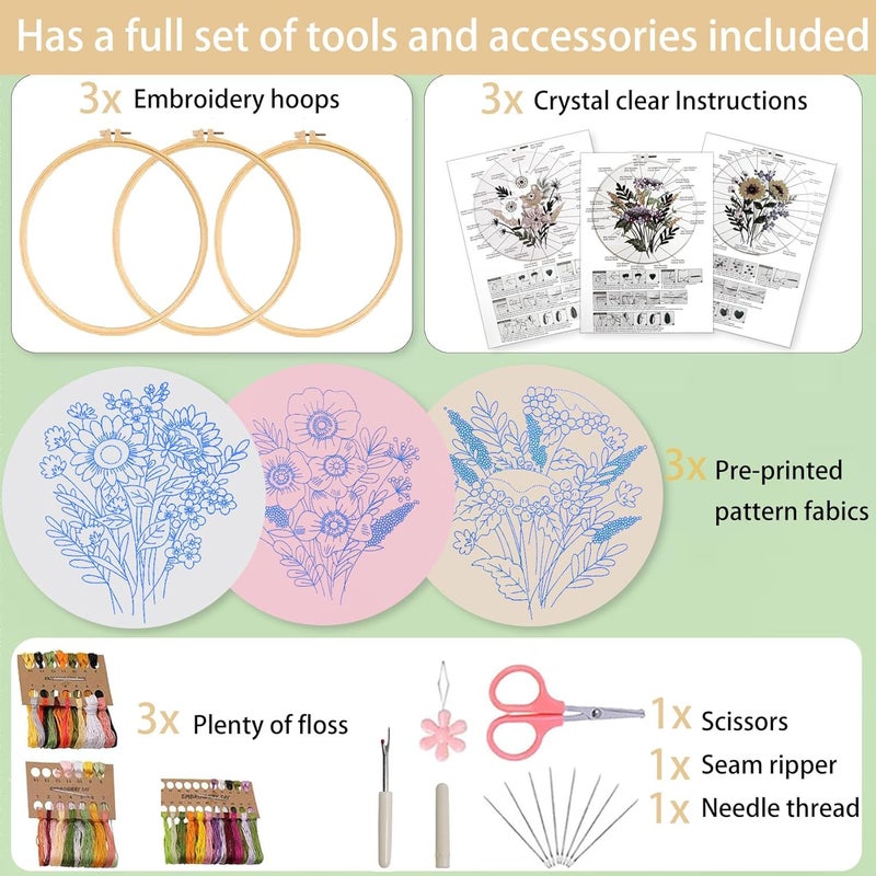 Ohcol 3 Sets Embroidery Kit for Beginners Cross Stitch Kits Needlepoint Kits Crafts for Adults with 3 Embroidery Hoops Easy-to-Follow Operating Instructions,Needle Point Kits with Flowers Patterns - Image 4